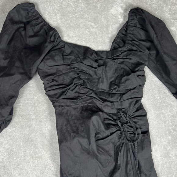 Free People Dress Womens XS Looking Stunning Black Puff Sleeve Slit Ruched Midi - Picture 4 of 10